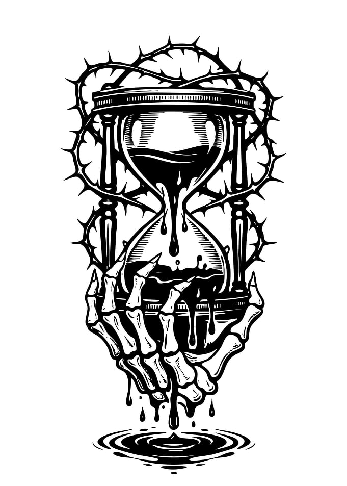 Hourglass with Thorns and Skeleton Hands
