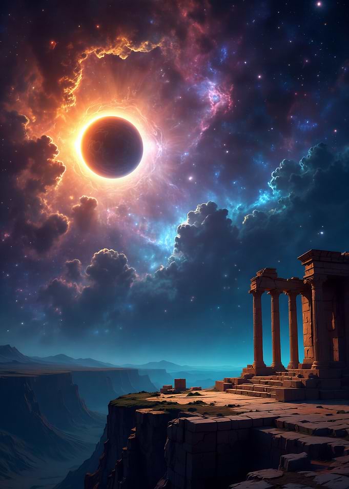 Ancient Ruins Under a Celestial Eclipse