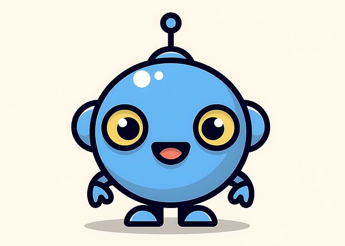 Cute Blue Robot Mascot Character with Big Eyes on Light Background