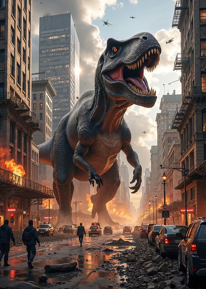 Dinosaur Tyrannosaurus Rex Rampage in Cityscape