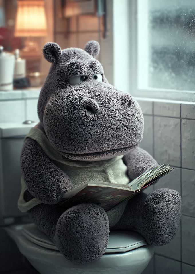 Hippo reading on the toilet