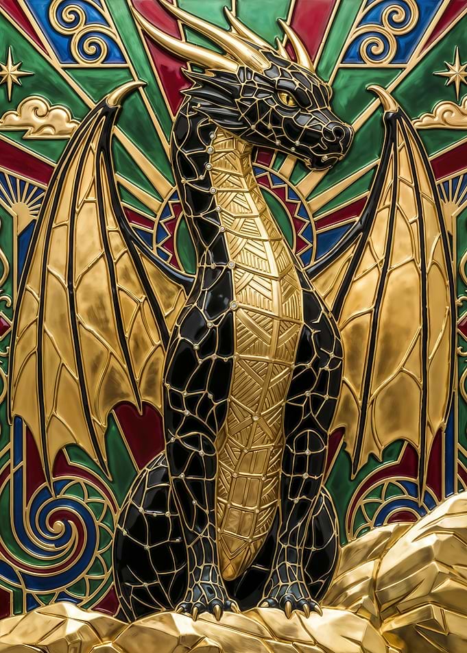 Art Nouveau Dragon in Gold and Emerald Stained Glass