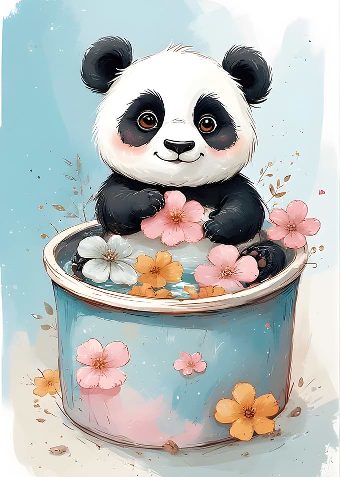 Cute Panda in Floral Bath