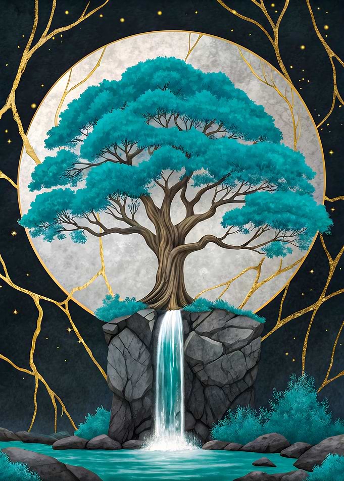 Mystical Tree and Waterfall Painting with Moon and Gold Accents Art