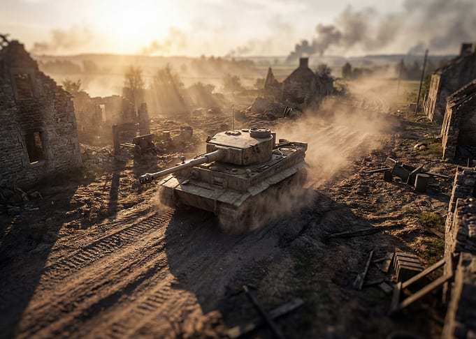 Tiger Tank in War-Torn Landscape