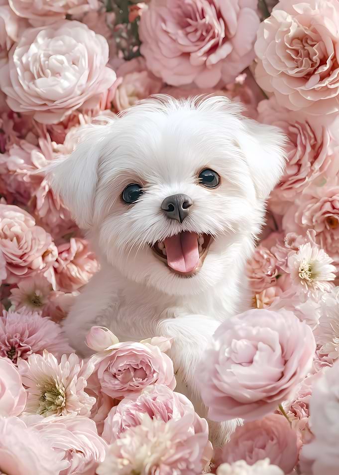 Cute White Dog Surrounded by Pink Flowers