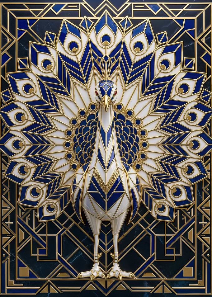 Art Deco Peacock in Blue and Gold Geometry