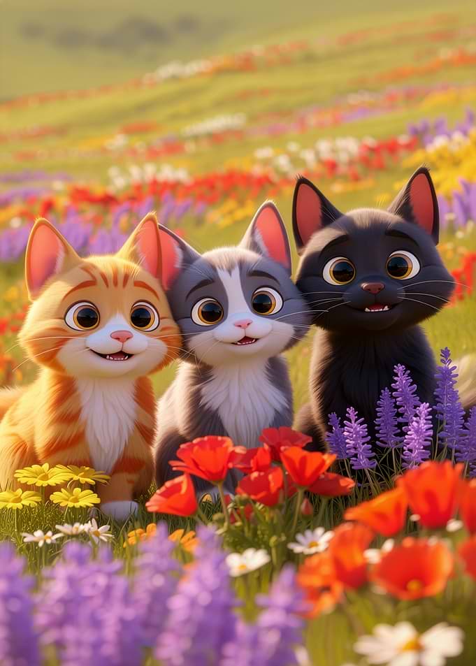 Three Cartoon Cats in Flower Field