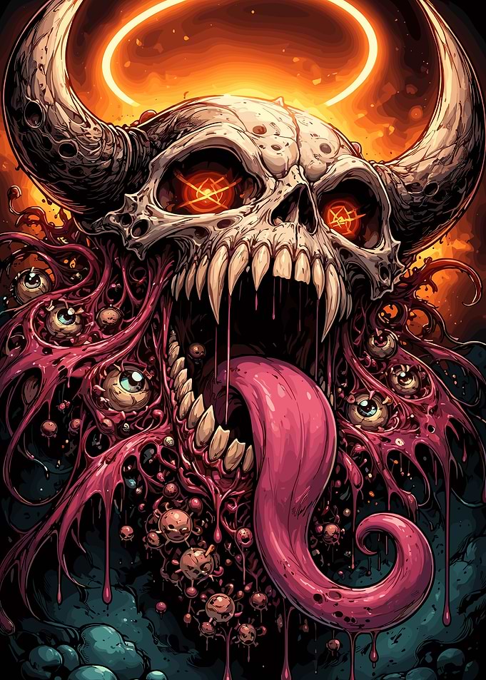 Demonic Skull with Tongue and Eyes