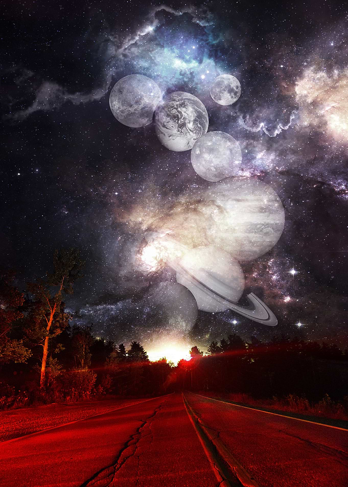 Planets over a road