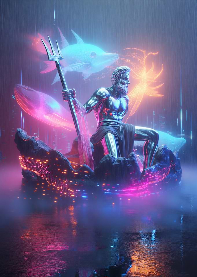 Cyberpunk Poseidon with Dolphins
