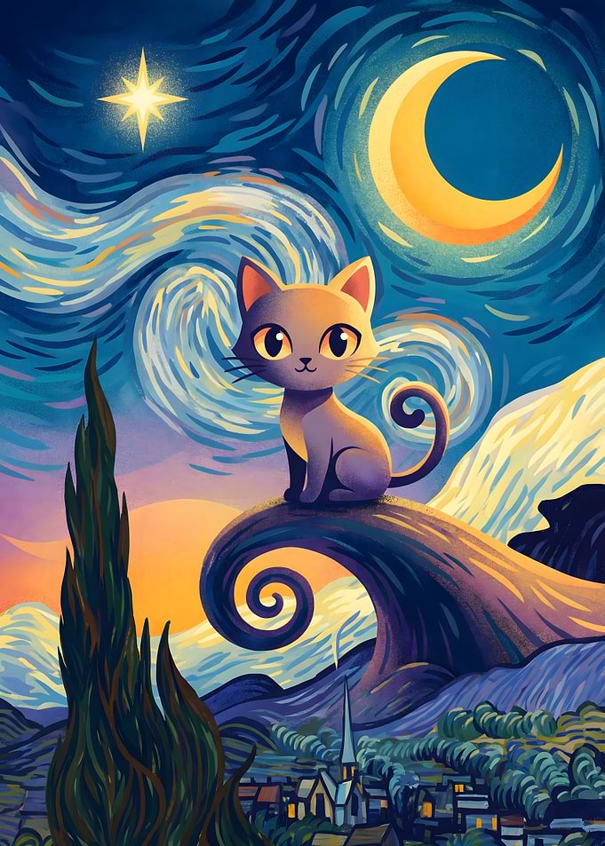 Cat With Big Eyes in Starry Night