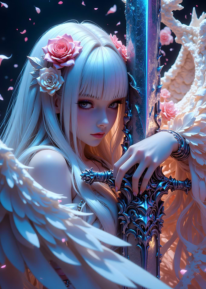 Angelic Warrior with Sword and Roses