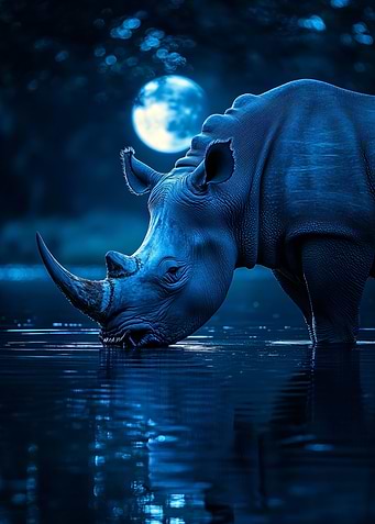 Blue Rhino Drinking Under Moonlight