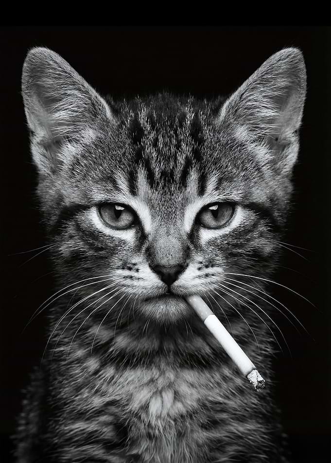 Monochrome Smoking Cat Cigarette Portrait