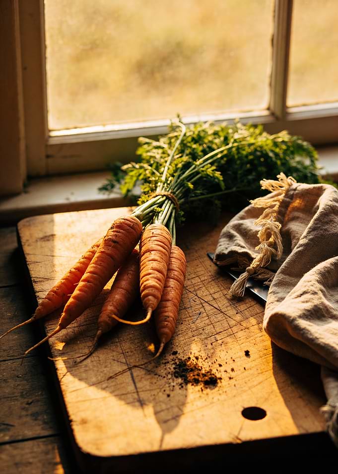 Fresh Carrots on Wooden Cutting Board