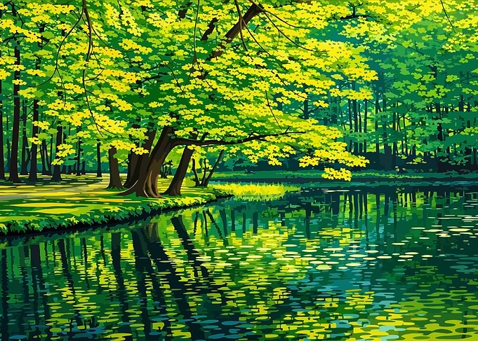 Lush Green Forest and Lake Reflection