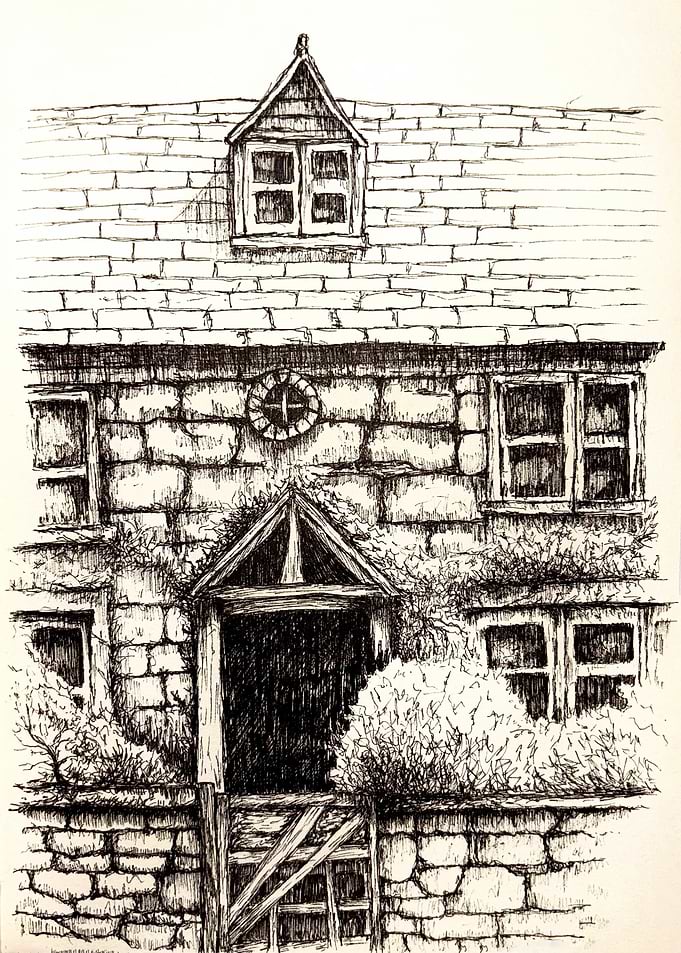 Ink Drawing of a Stone Cottage