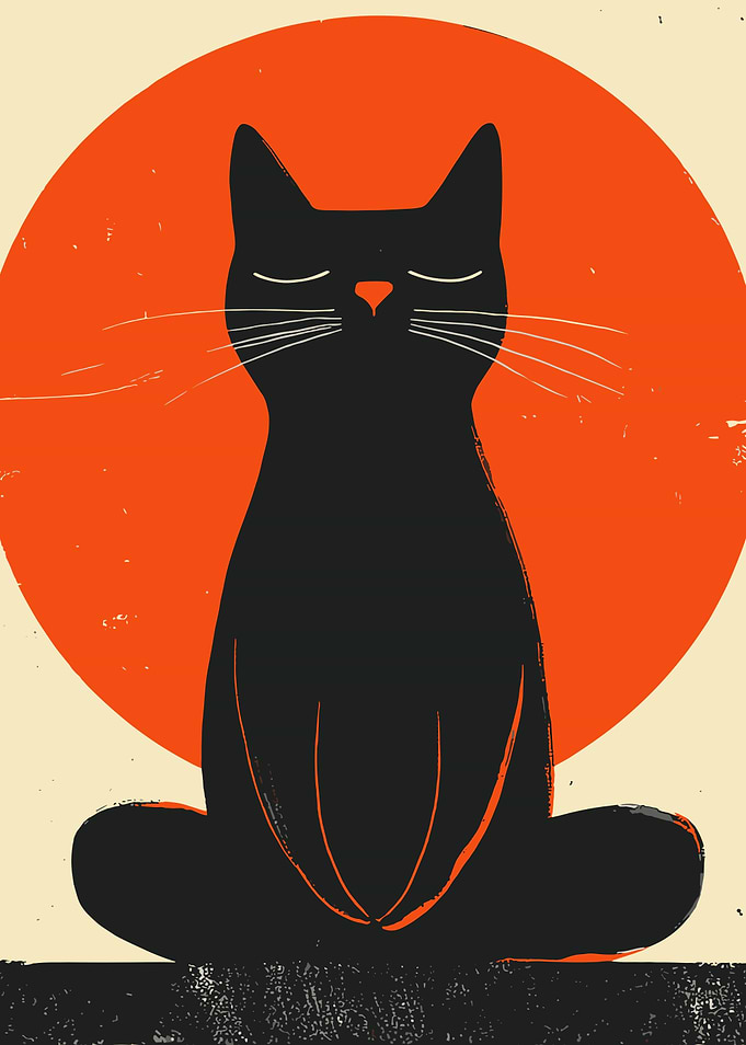 Meditating Black Cat with Orange Circle