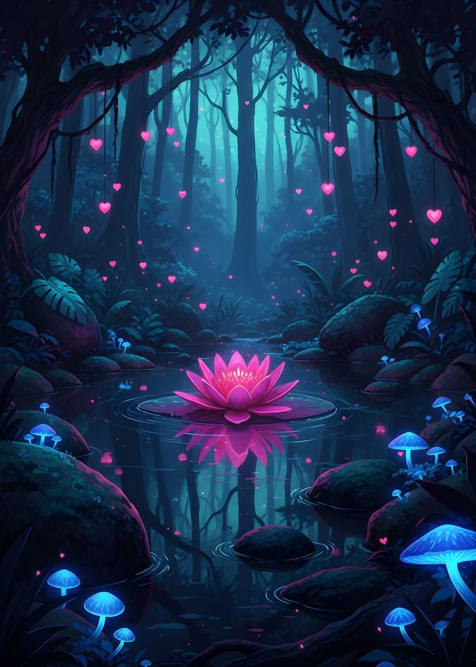 Enchanted Forest with Lotus and Hearts