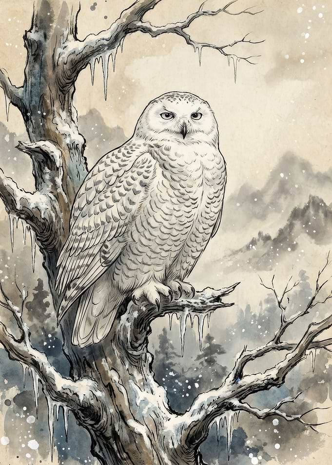 Snowy Owl Perched on Winter Tree