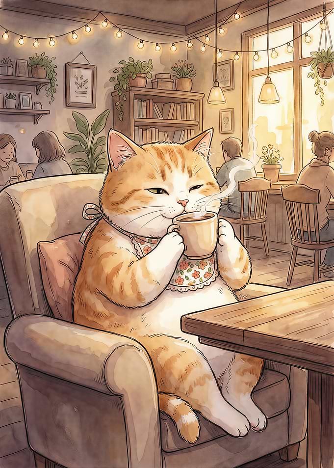 Cat enjoying coffee in a cafe