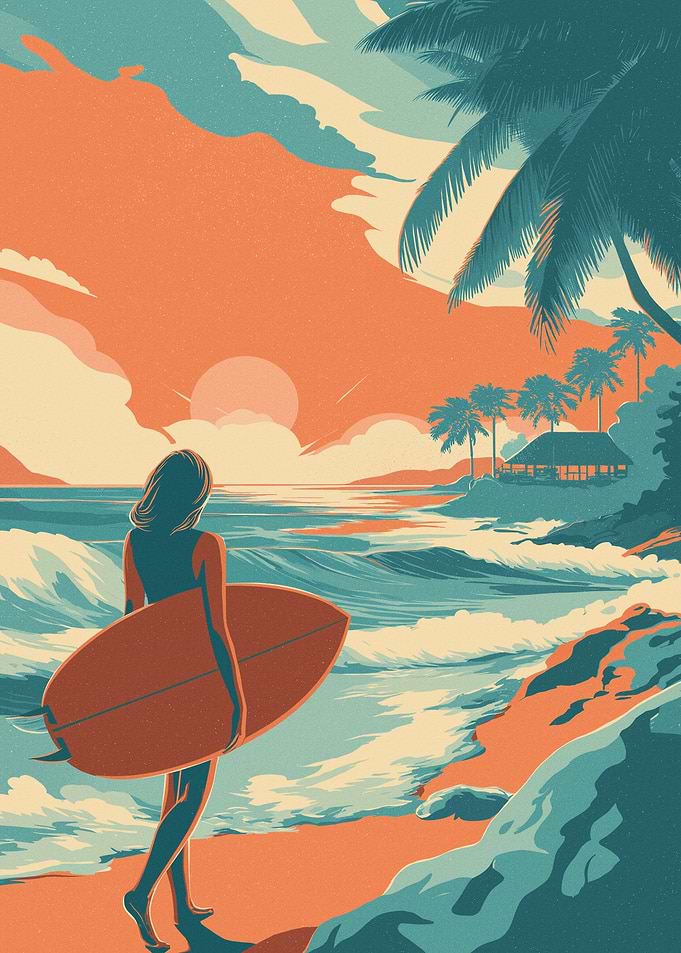 Surfer Girl at Sunset Beach