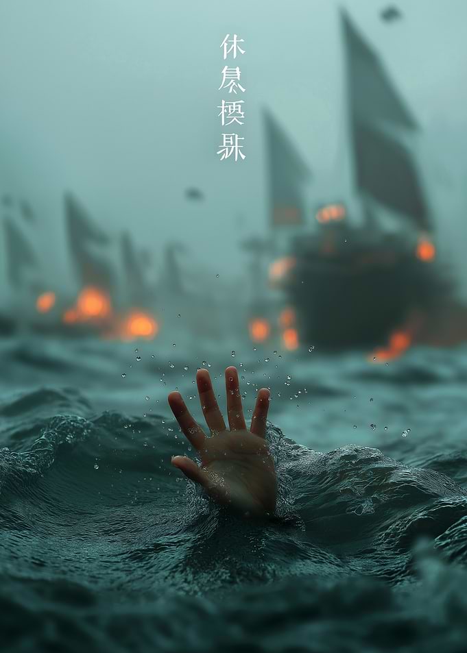 Hand reaching from ocean with ships