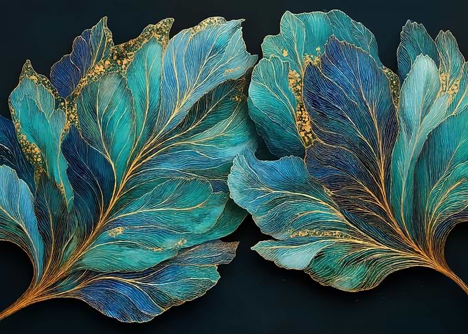 Teal and Gold Leaf Abstract Art