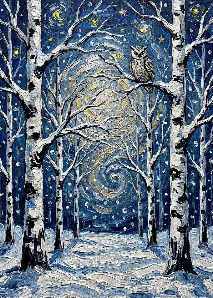 Winter Night Owl in Birch Forest