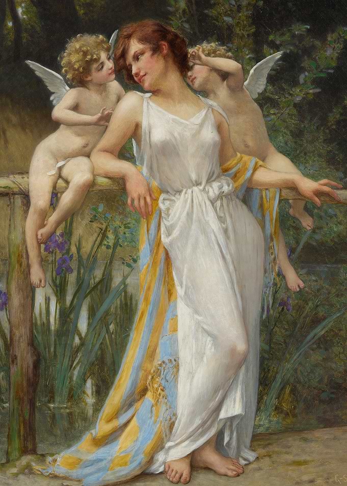 Woman with Angels in Garden Painting