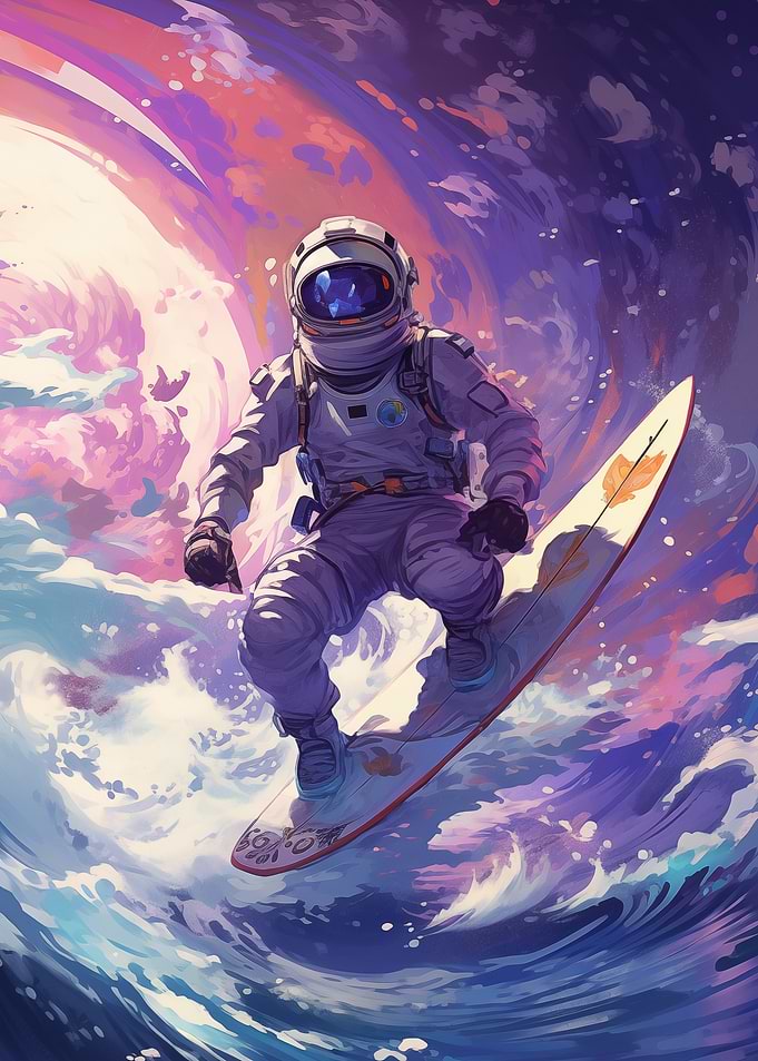 Astronaut Surfing on a Wave