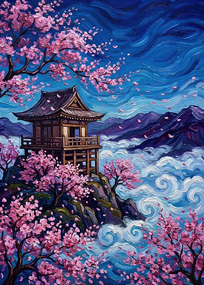 Japanese Pagoda with Cherry Blossoms Painting