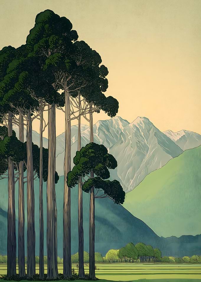 Tall Trees and Mountain Landscape