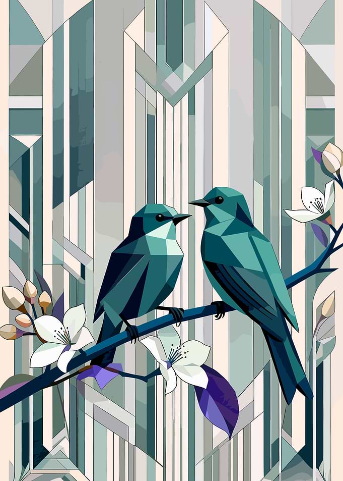 Geometric Birds on Branch with Flowers