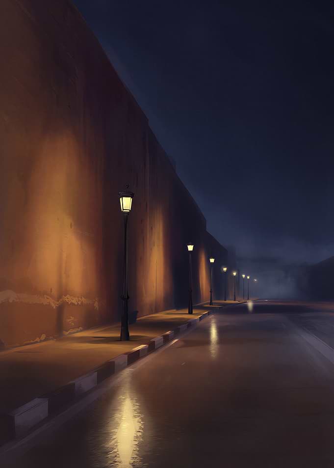 Night street with lamps and wall