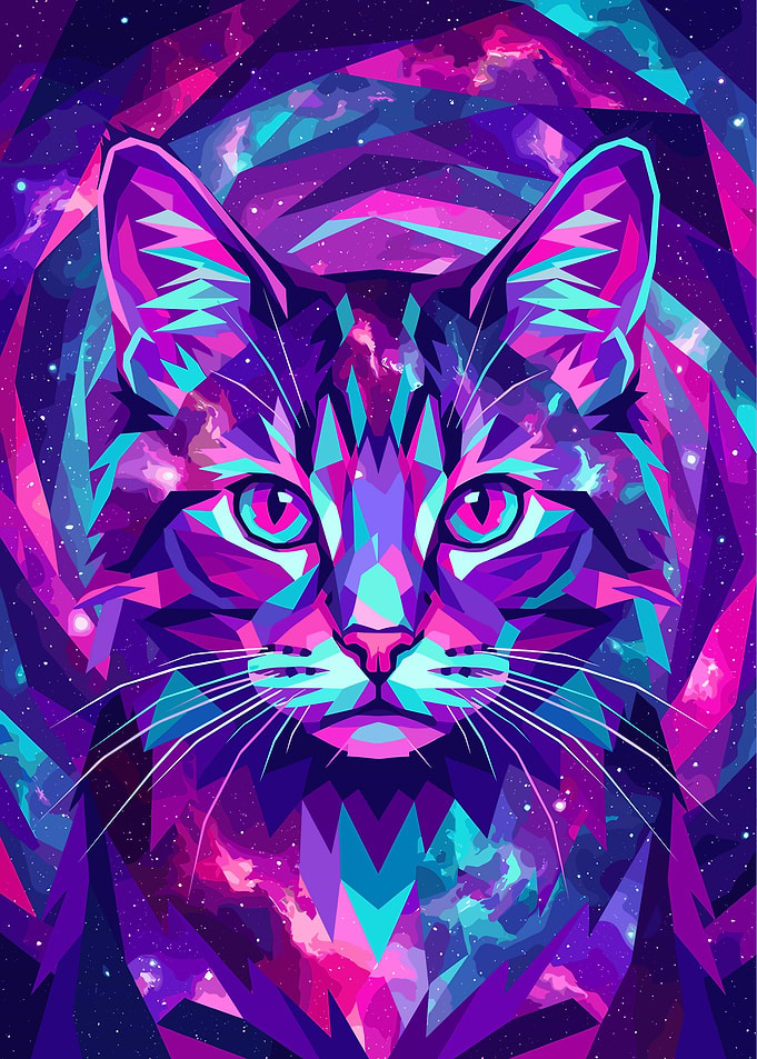 Abstract Cat Portrait with Galaxy Background