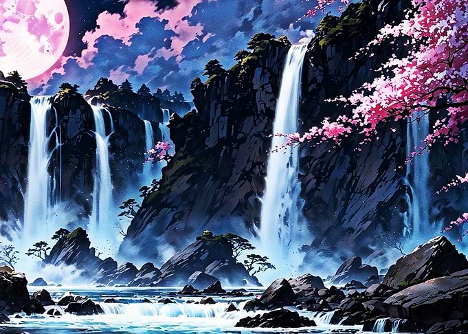 Waterfall and Cherry Blossoms under Moonlight