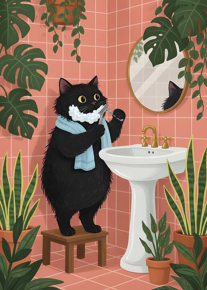Cat Shaving in Bathroom Illustration