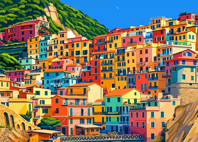 Colorful Italy European Coastal Village Illustration