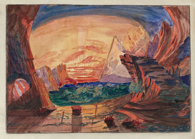 Watercolor Seascape with Mountains and Sunset
