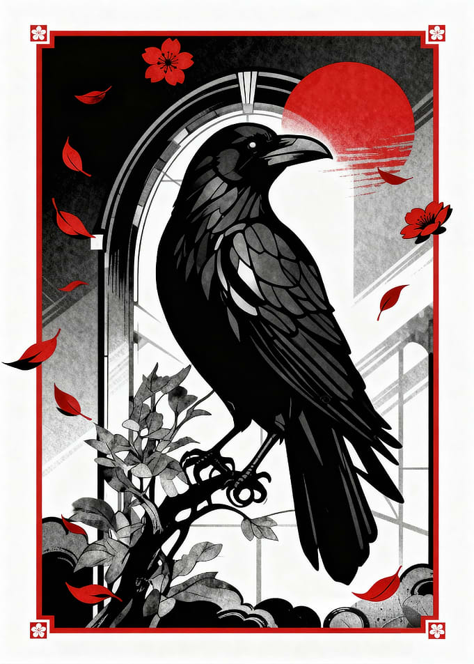 Raven and Red Sun Illustration