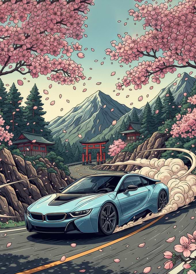 Blue Sports Car Drifting Under Cherry Blossoms