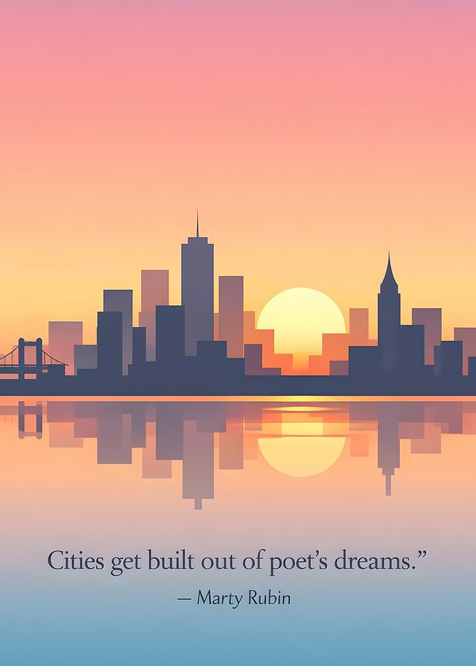 Cityscape Silhouette at Sunset with Quote