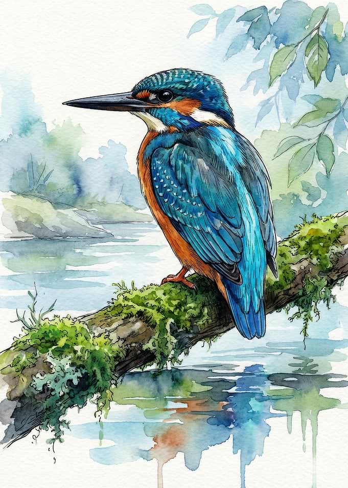 Watercolor Kingfisher on Mossy Branch