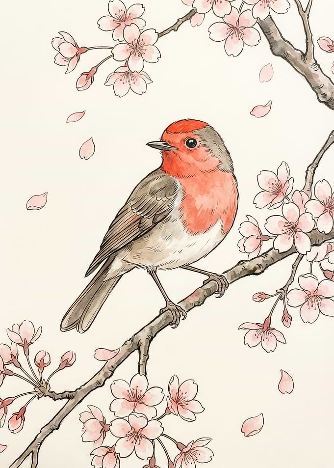 Robin Bird on Cherry Blossom Branch