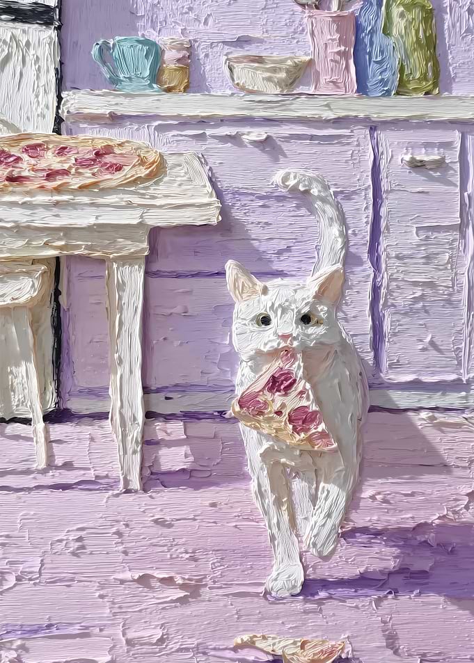 Mischievous Cat with Pizza Slice Painting