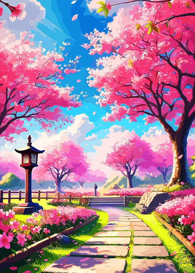Cherry Blossom Path in Japanese Garden