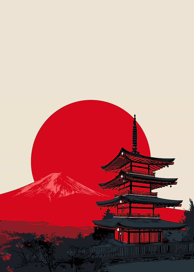 Japanese Pagoda with Mount Fuji and Sun