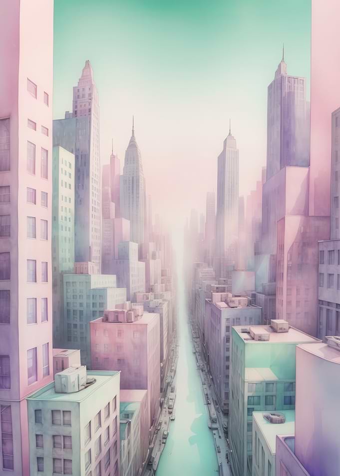 Dreamy Pastel Cityscape — Soft Pink & Mint Urban Skyline